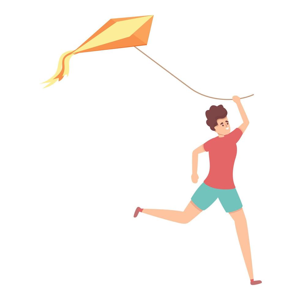 Boy running with kite icon, cartoon style vector