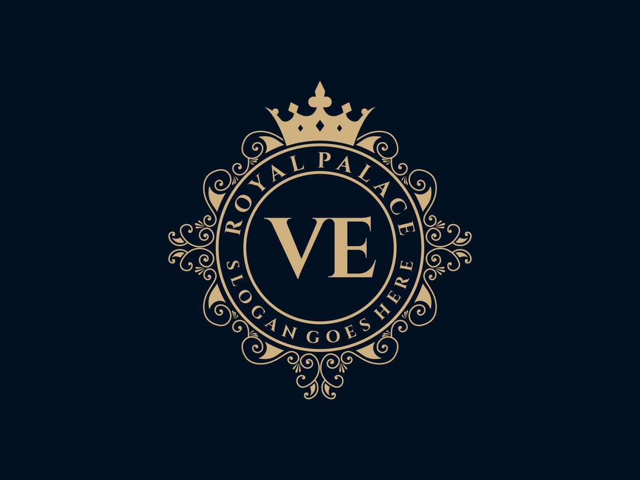 Letter VE Antique royal luxury victorian logo with ornamental frame. vector