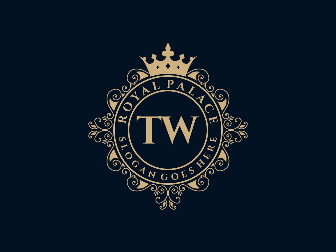 Letter TW Antique royal luxury victorian logo with ornamental frame. vector