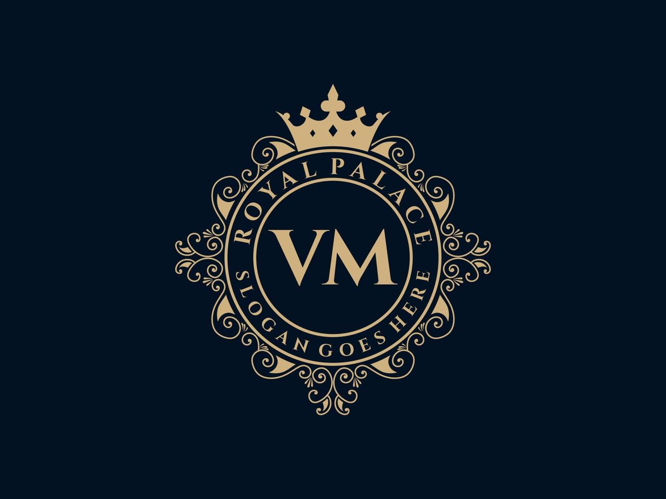 Letter VM Antique royal luxury victorian logo with ornamental frame. vector