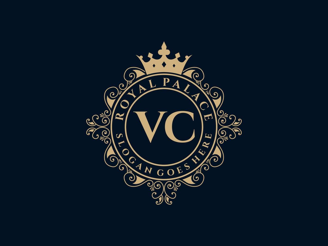 letra vc logotipo victoriano de lujo real antiguo con marco ornamental. vector