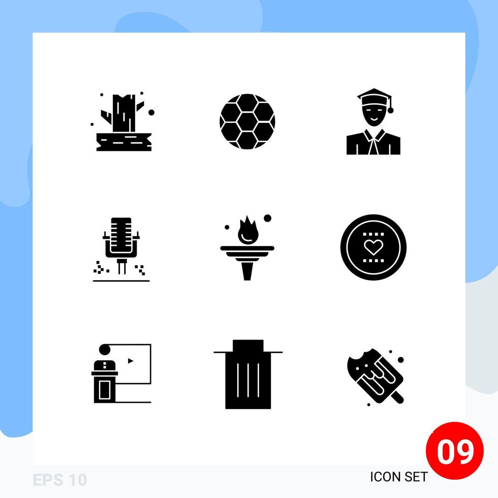 Universal Icon Symbols Group of 9 Modern Solid Glyphs of education recording student professional mic Editable Vector Design Elements
