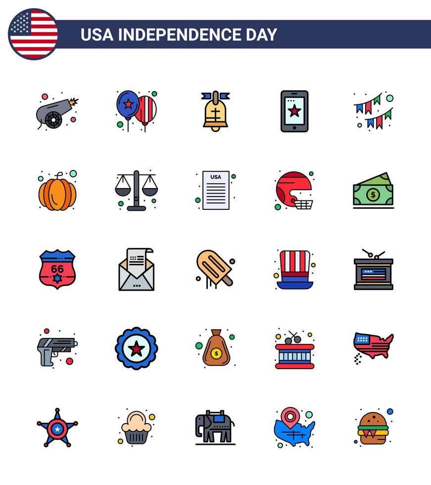 Happy Independence Day Pack of 25 Flat Filled Lines Signs and Symbols for buntings ireland ball cell mobile Editable USA Day Vector Design Elements