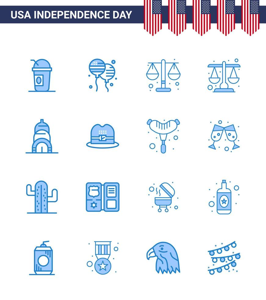 USA Happy Independence DayPictogram Set of 16 Simple Blues of american hat court usa chrysler Editable USA Day Vector Design Elements