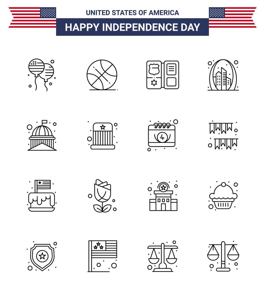 USA Independence Day Line Set of 16 USA Pictograms of building landmark book gate arch Editable USA Day Vector Design Elements