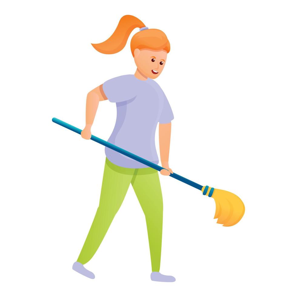Girl take cleaning mop icon, cartoon style vector