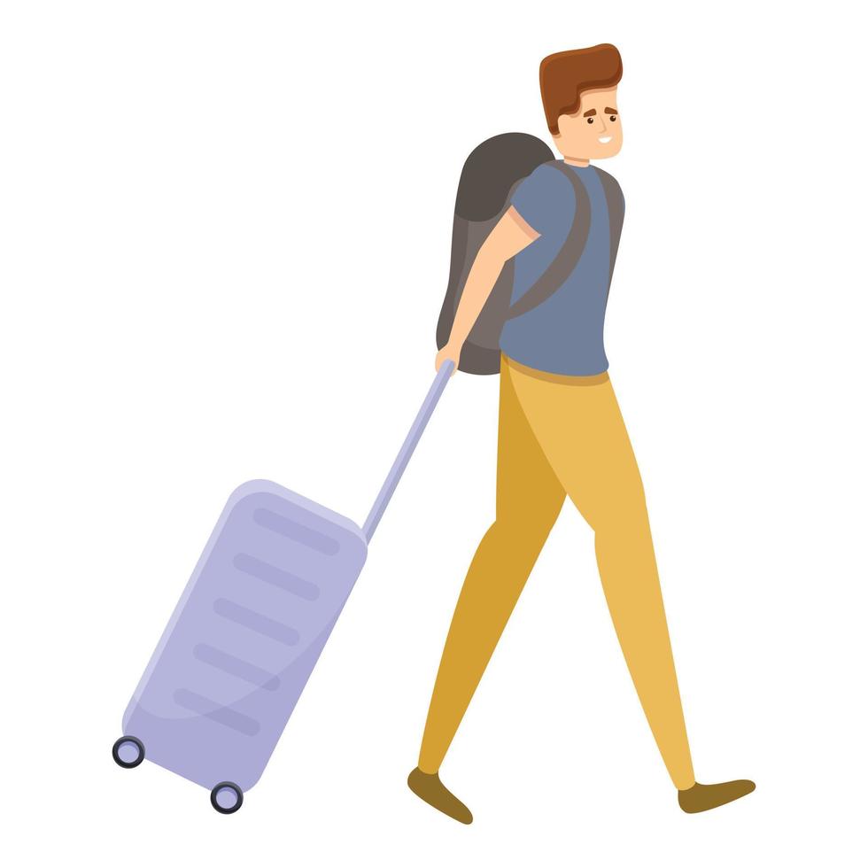 hombre turista con icono de bolsa de viaje, estilo de dibujos animados vector