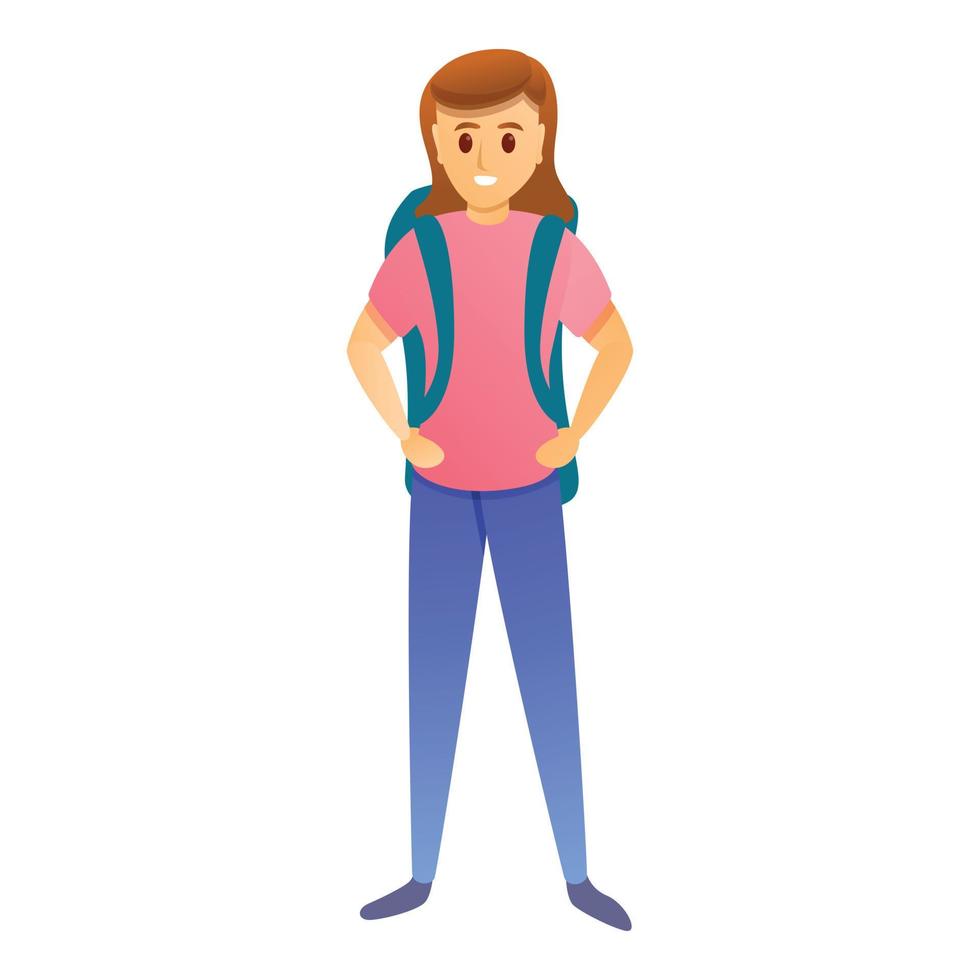 Happy hiker girl icon, cartoon style vector