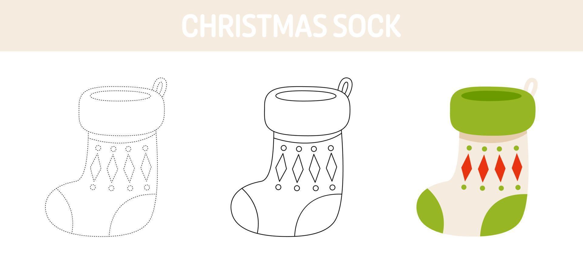 Christmas Sock tracing and coloring worksheet for kids vector