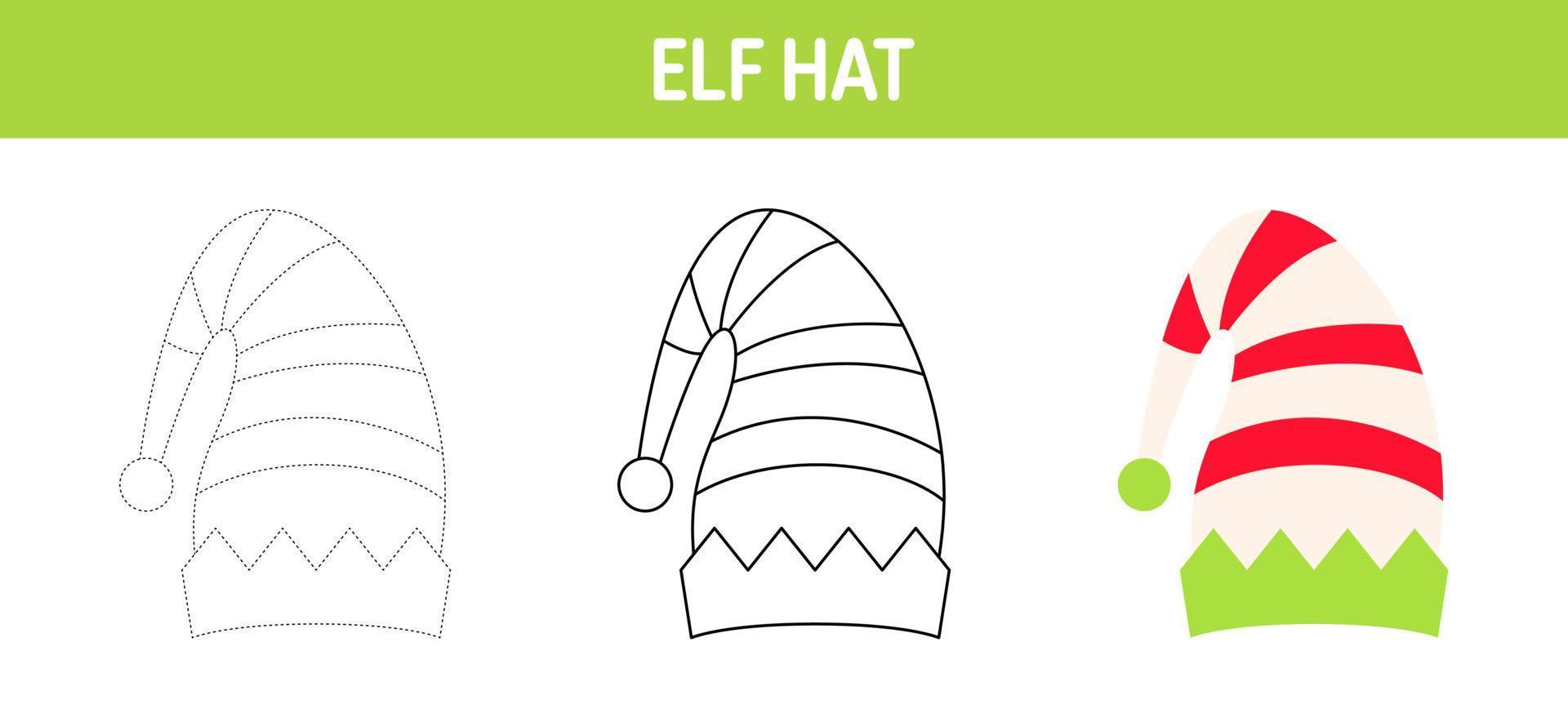 Elf Hat tracing and coloring worksheet for kids vector