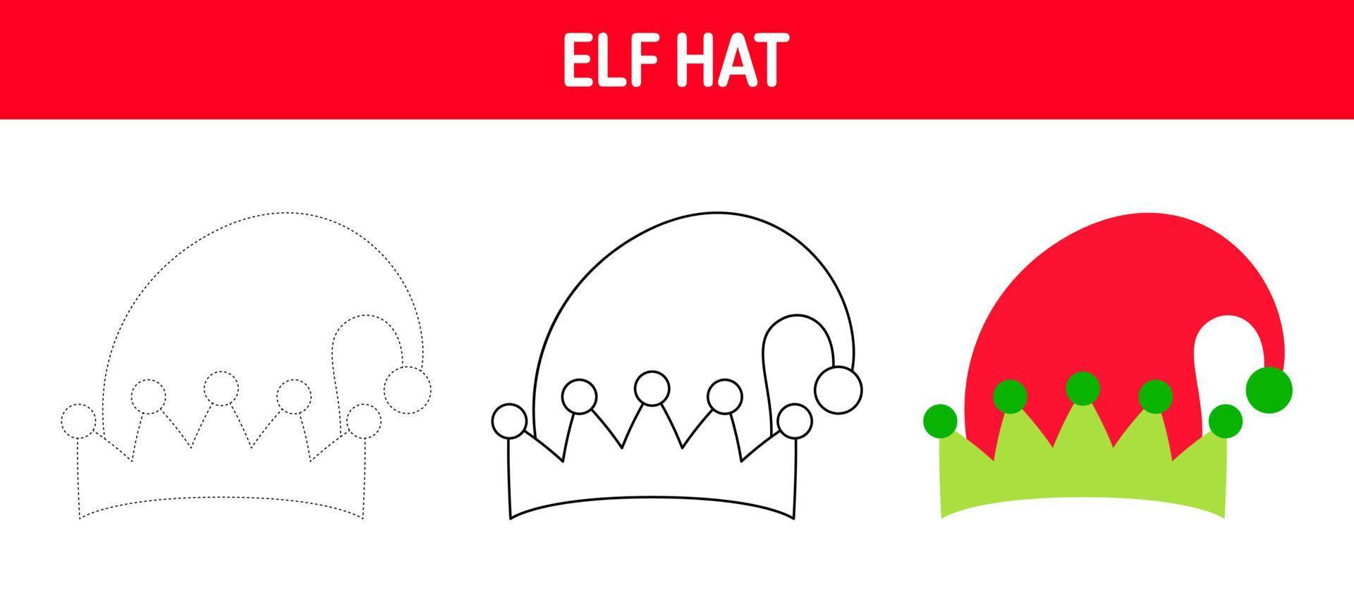 Elf Hat tracing and coloring worksheet for kids vector