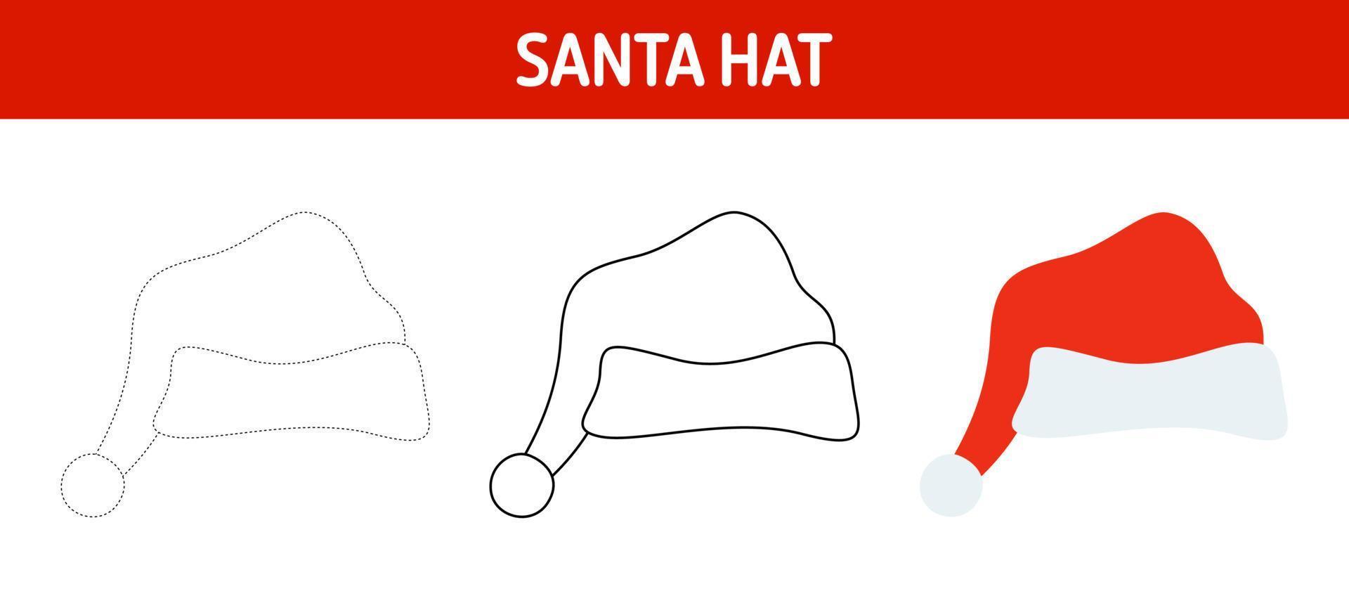 Santa Hat tracing and coloring worksheet for kids vector