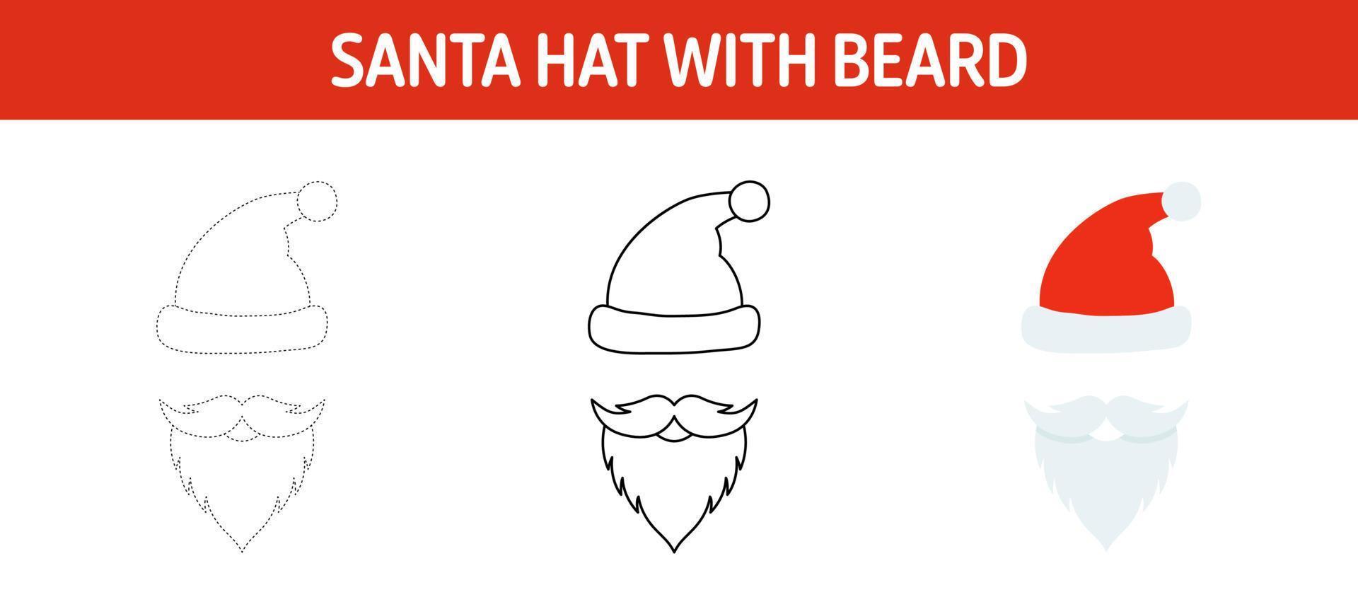 Santa Hat with Beard tracing and coloring worksheet for kids vector