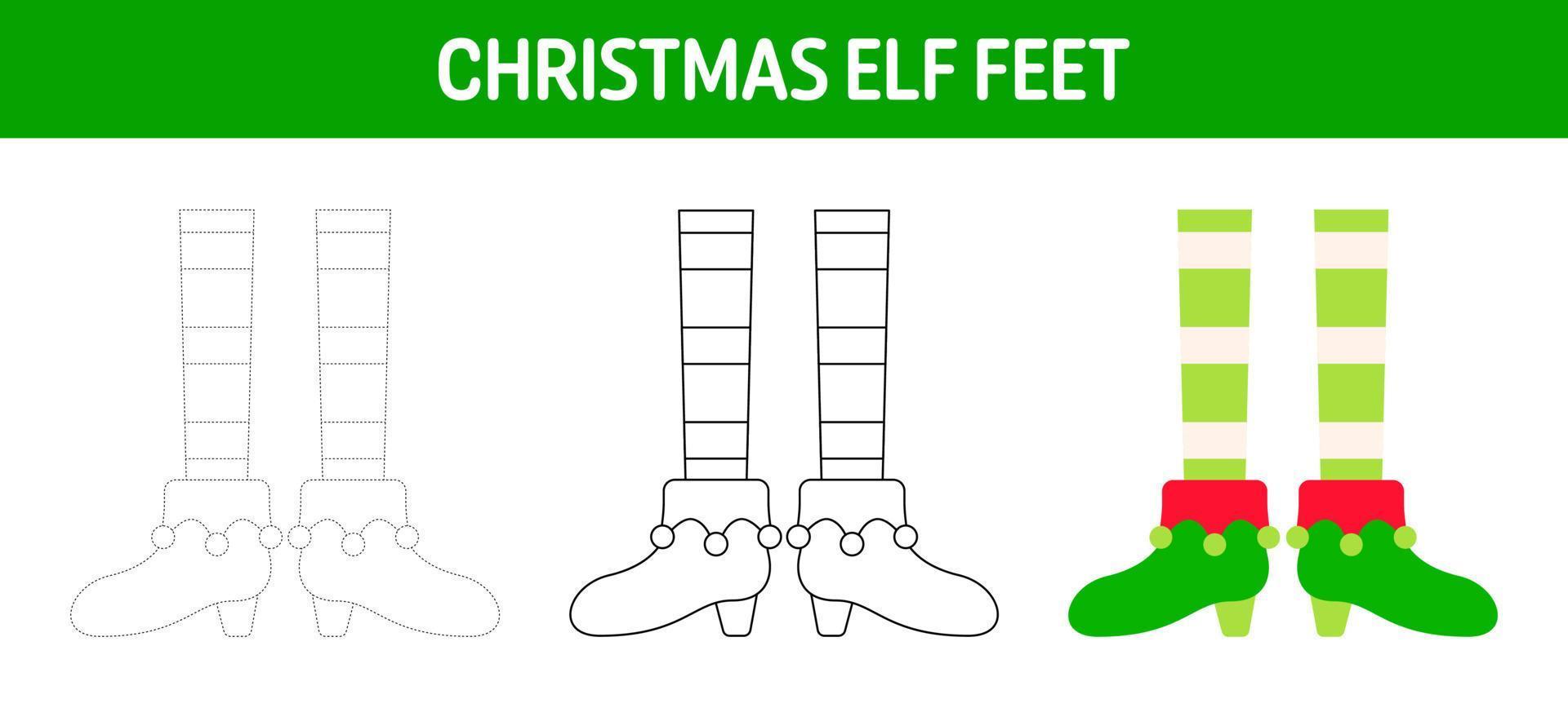 Christmas Elf Feet tracing and coloring worksheet for kids vector