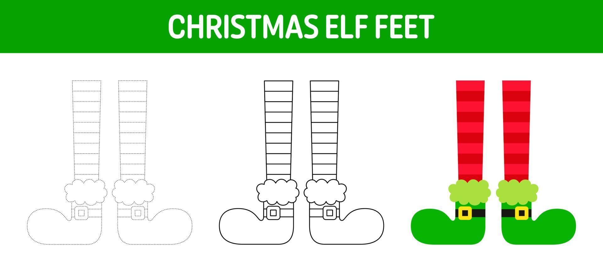 hoja de trabajo para colorear y trazar pies de duende navideño para niños vector