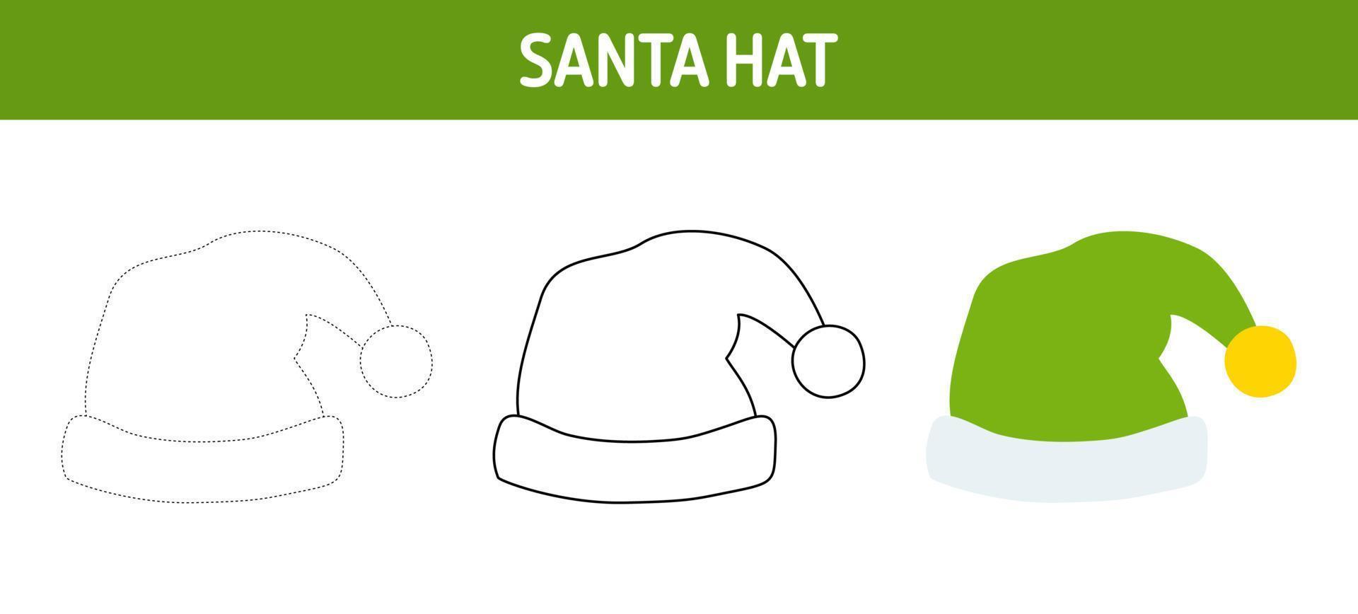 Santa Hat tracing and coloring worksheet for kids vector