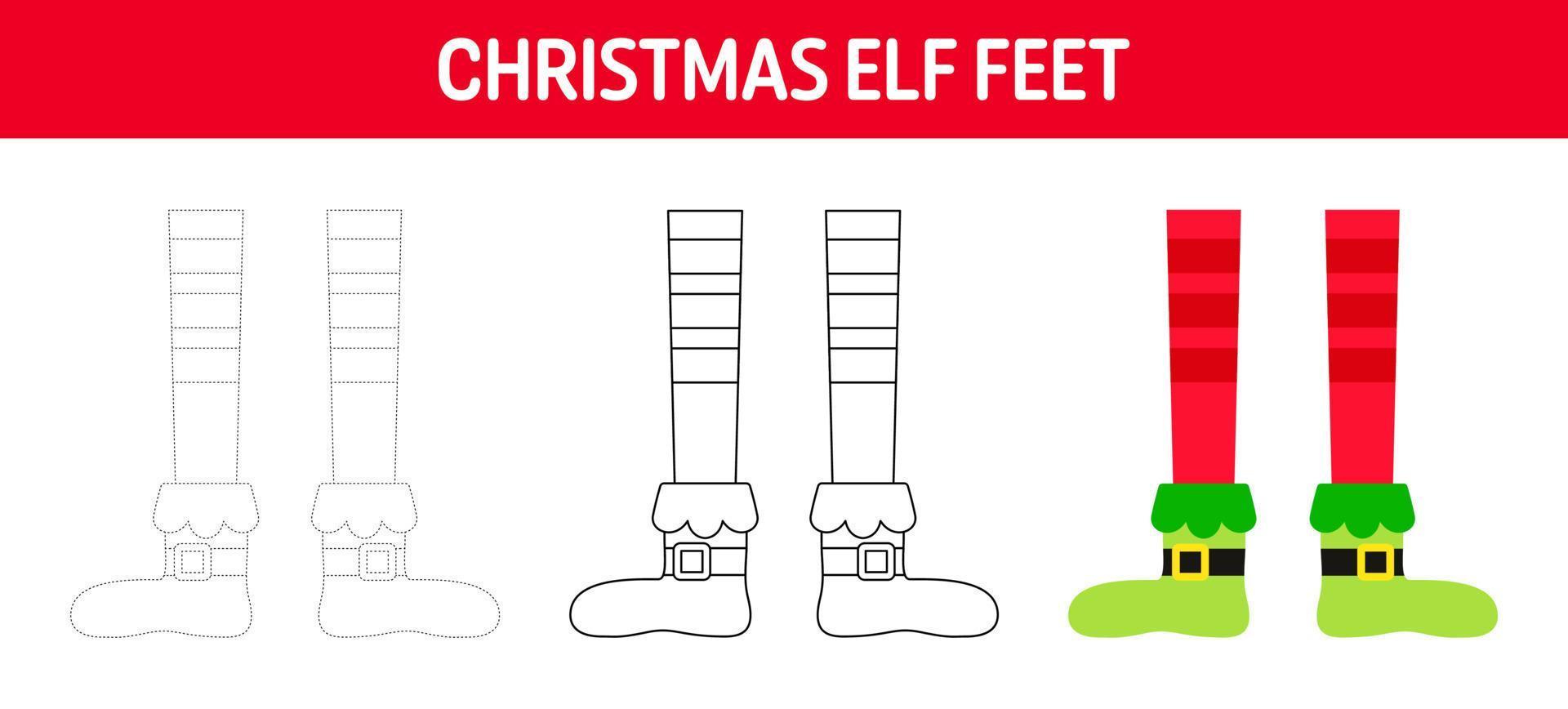 hoja de trabajo para colorear y trazar pies de duende navideño para niños vector