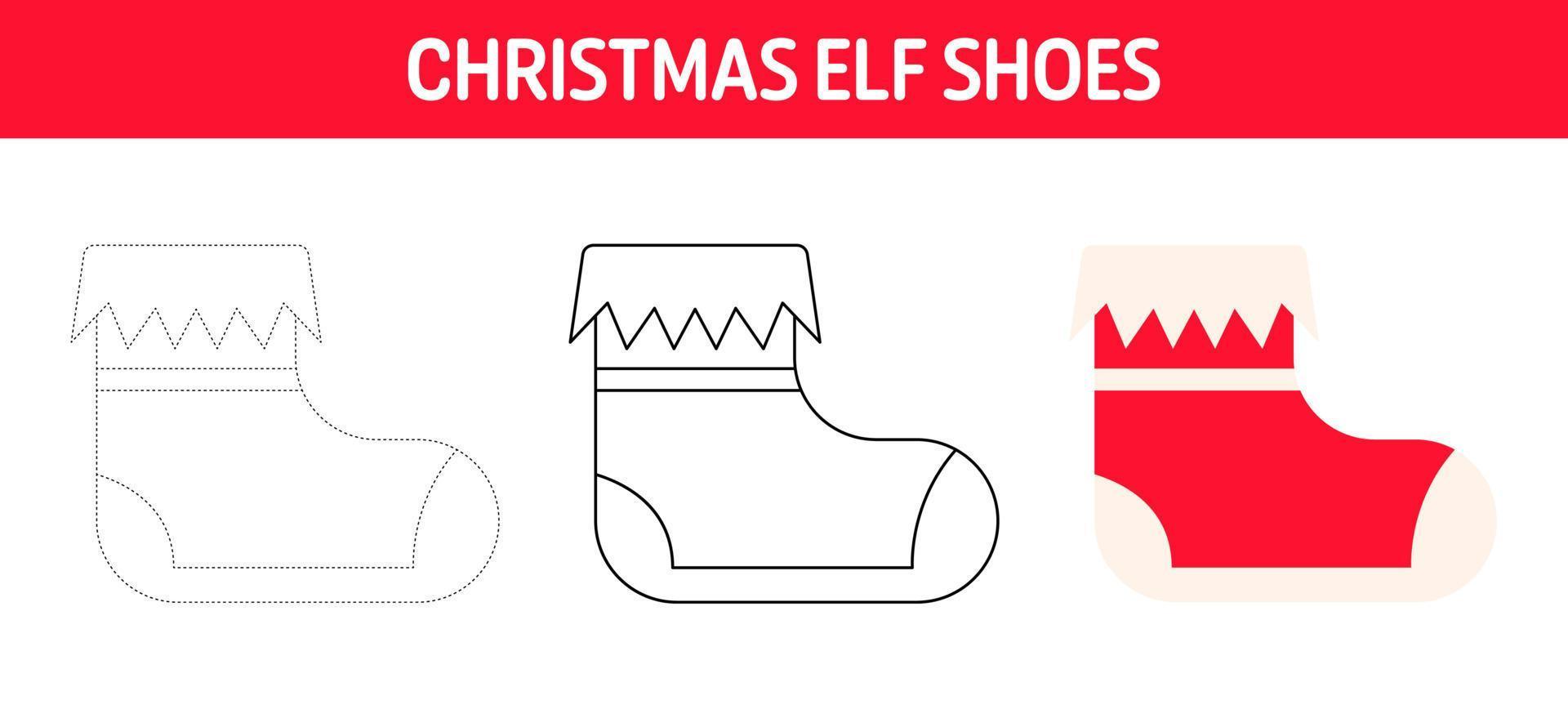 Elf Shoes tracing and coloring worksheet for kids vector