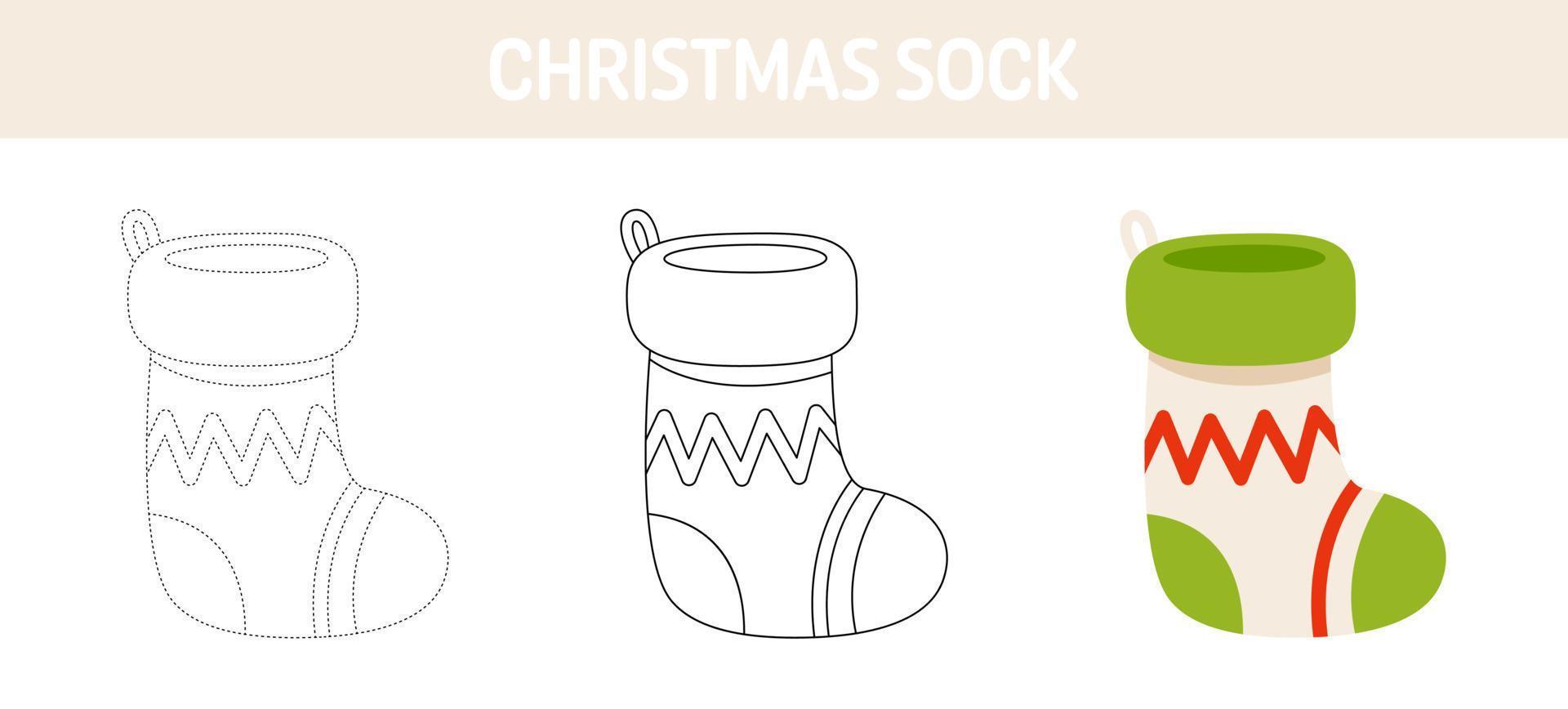 Christmas Sock tracing and coloring worksheet for kids vector