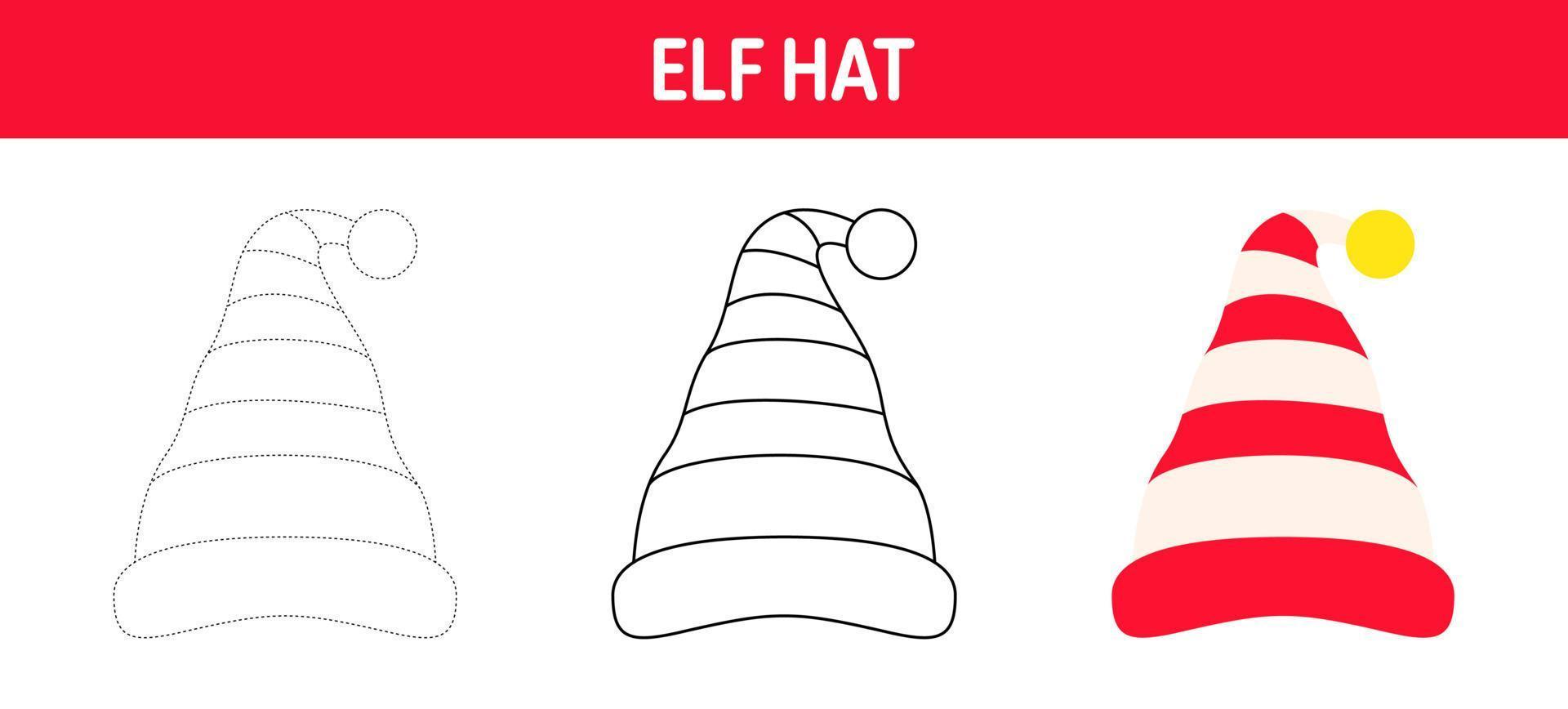 Elf Hat tracing and coloring worksheet for kids vector