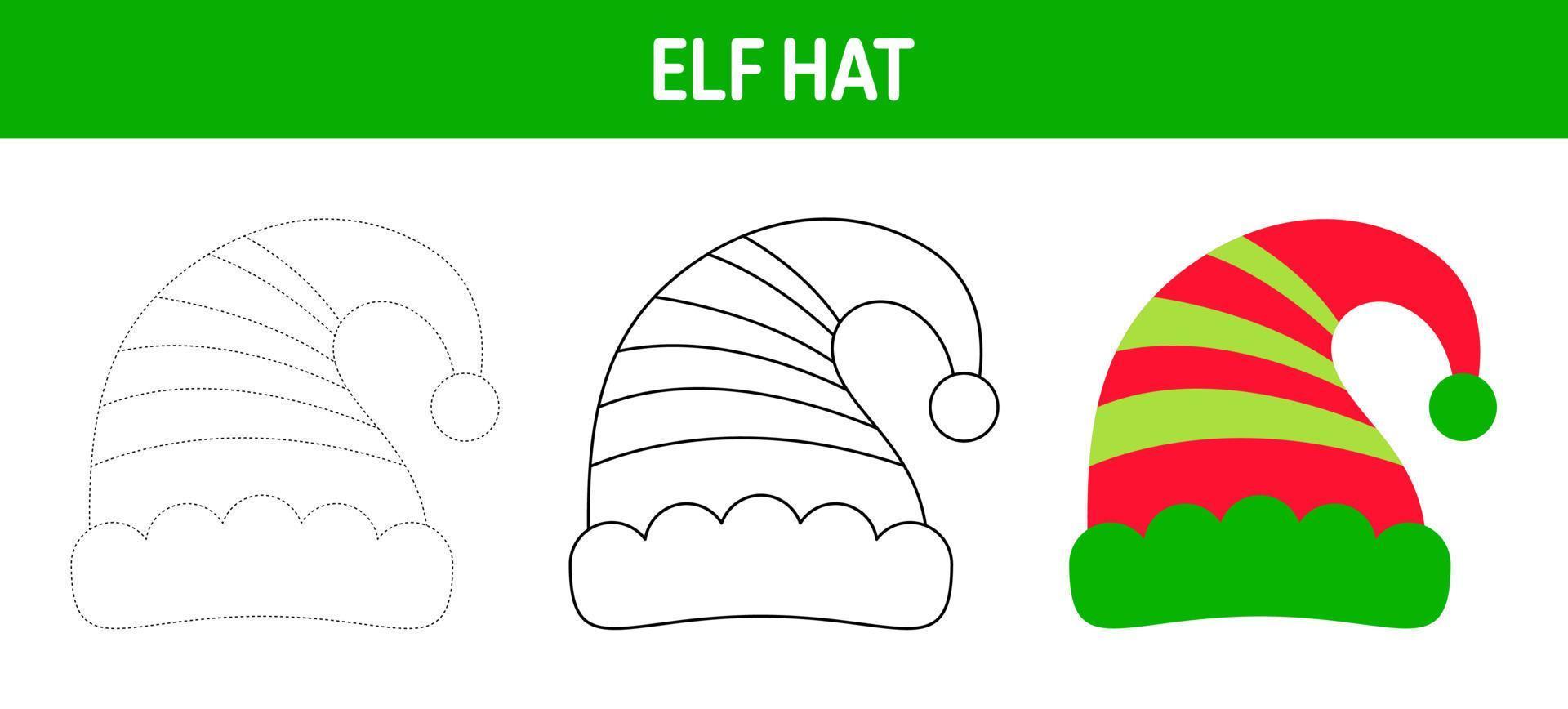 Elf Hat tracing and coloring worksheet for kids vector