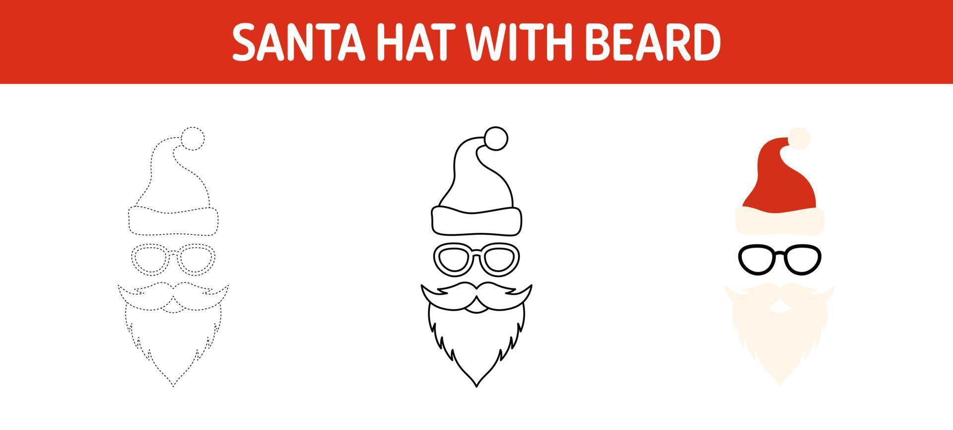 Santa Hat with Beard tracing and coloring worksheet for kids vector