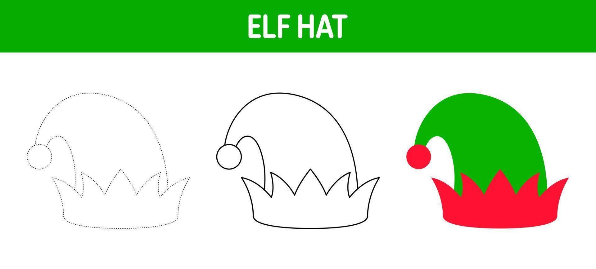 Elf Hat tracing and coloring worksheet for kids vector