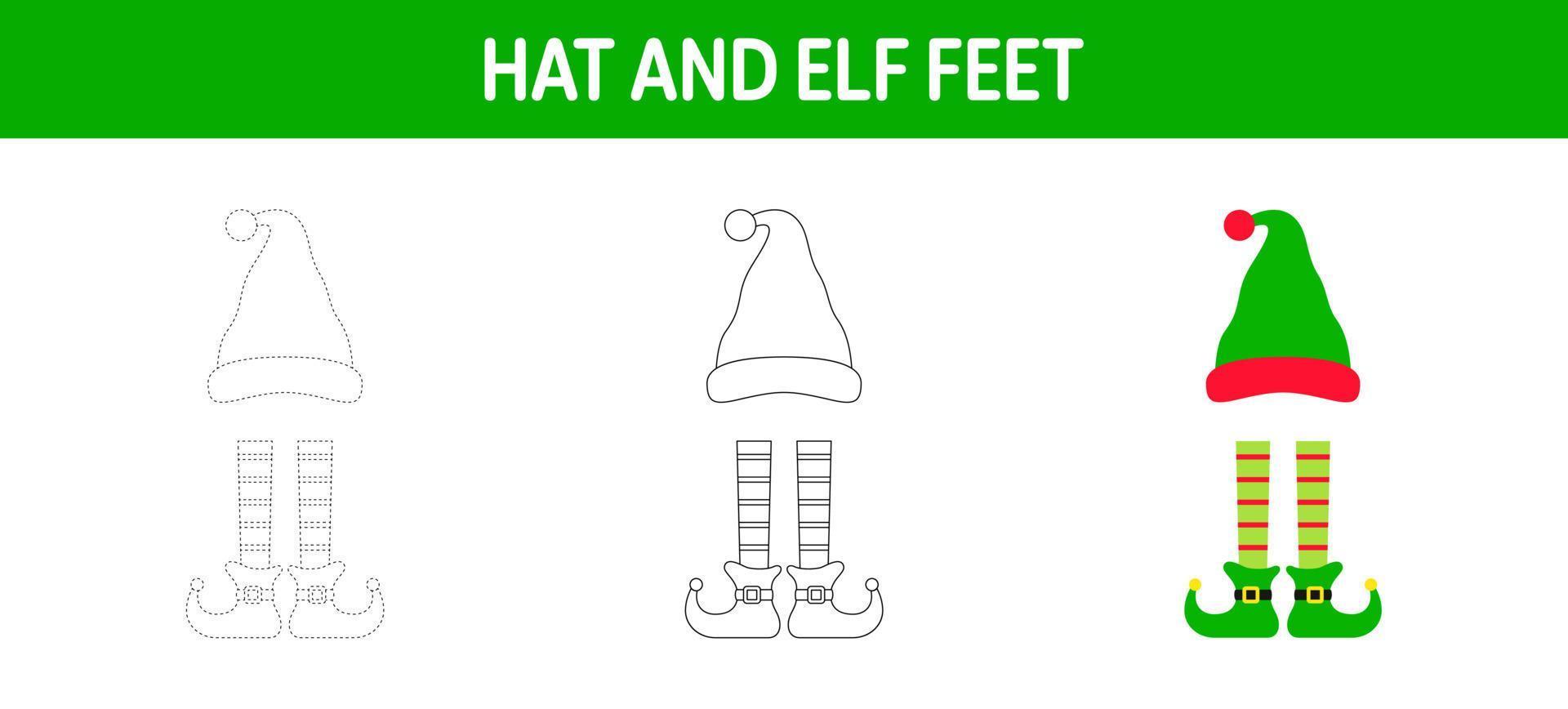 Hat And Elf Feet tracing and coloring worksheet for kids vector