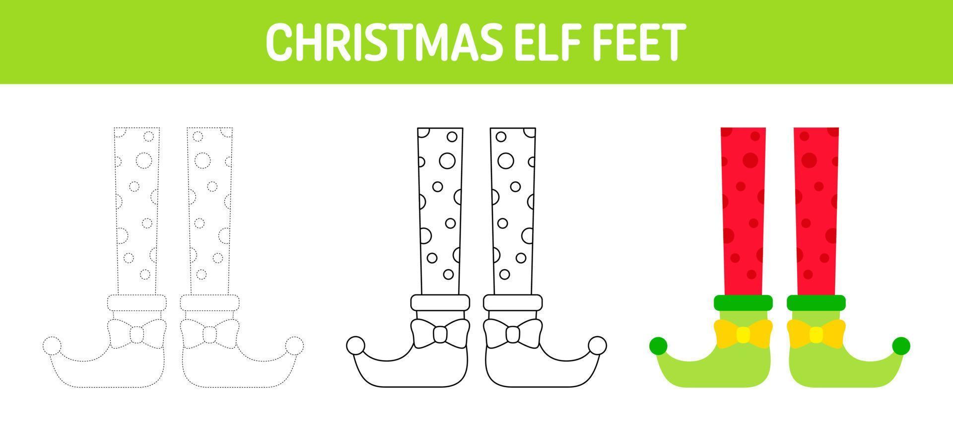 Christmas Elf Feet tracing and coloring worksheet for kids vector