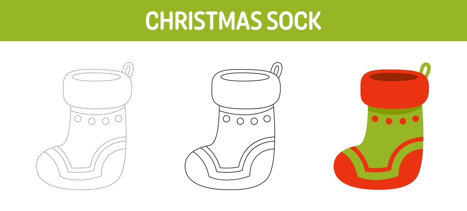 Christmas Sock tracing and coloring worksheet for kids vector