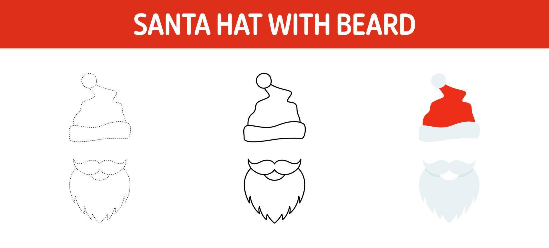 Santa Hat with Beard tracing and coloring worksheet for kids vector