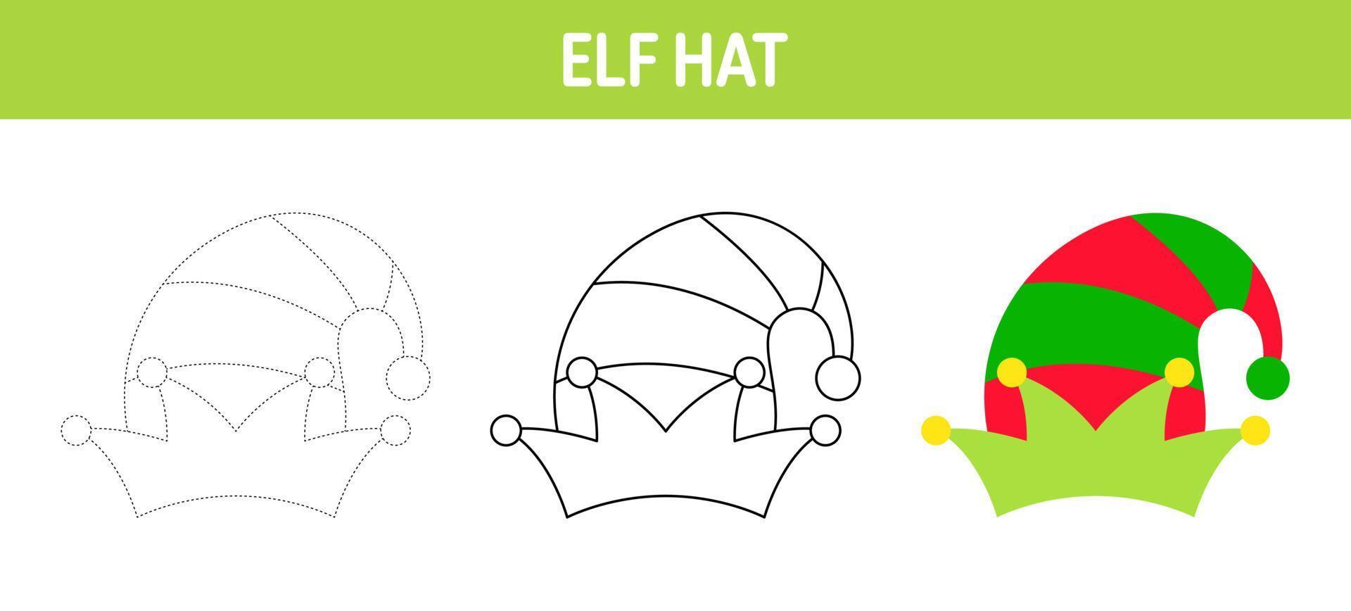 Elf Hat tracing and coloring worksheet for kids vector