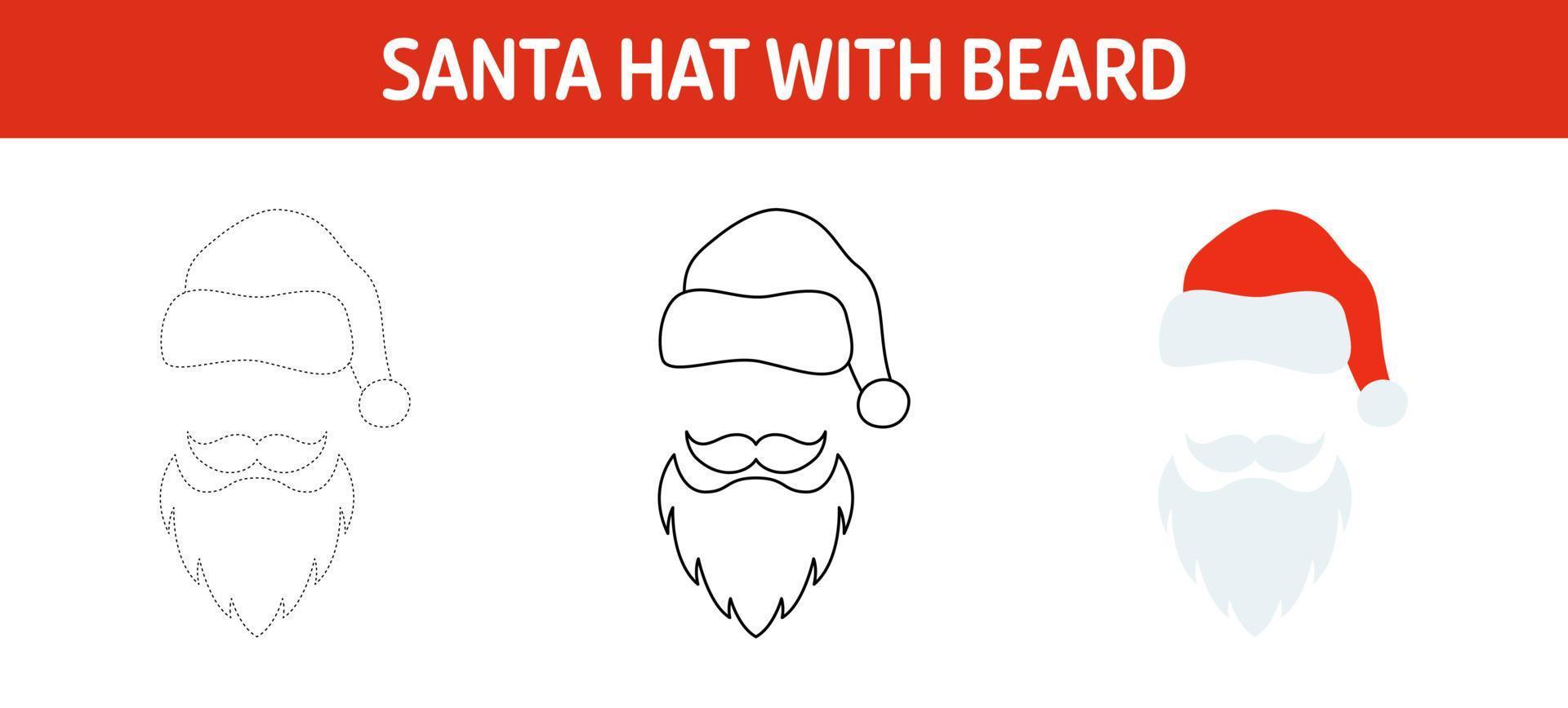 Santa Hat with Beard tracing and coloring worksheet for kids vector