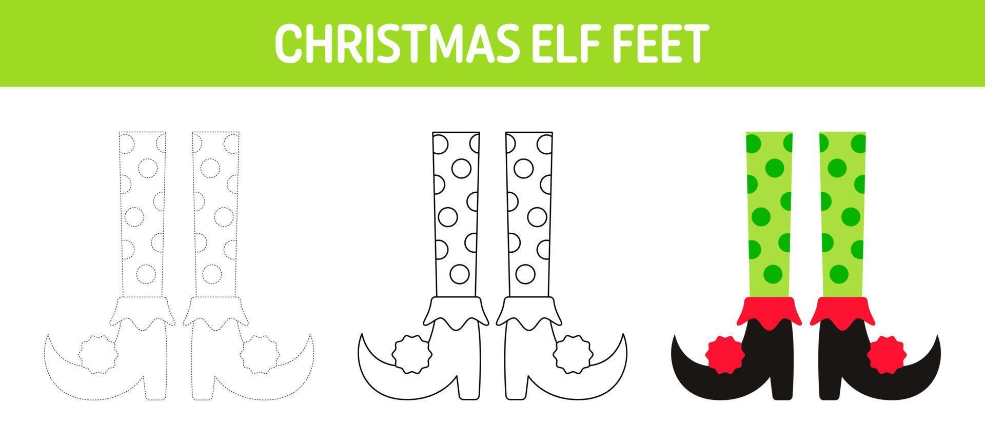 Christmas Elf Feet tracing and coloring worksheet for kids vector