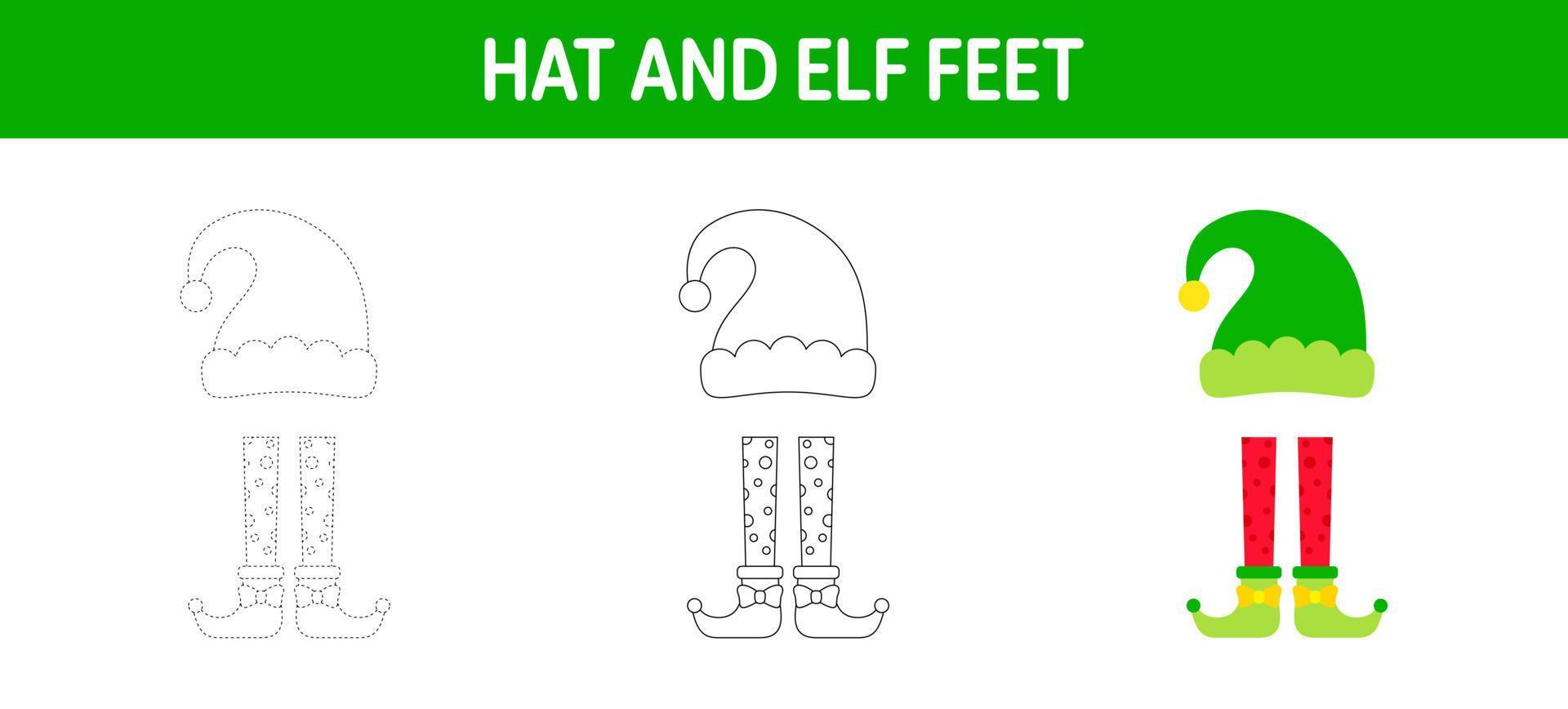 Hat And Elf Feet tracing and coloring worksheet for kids vector