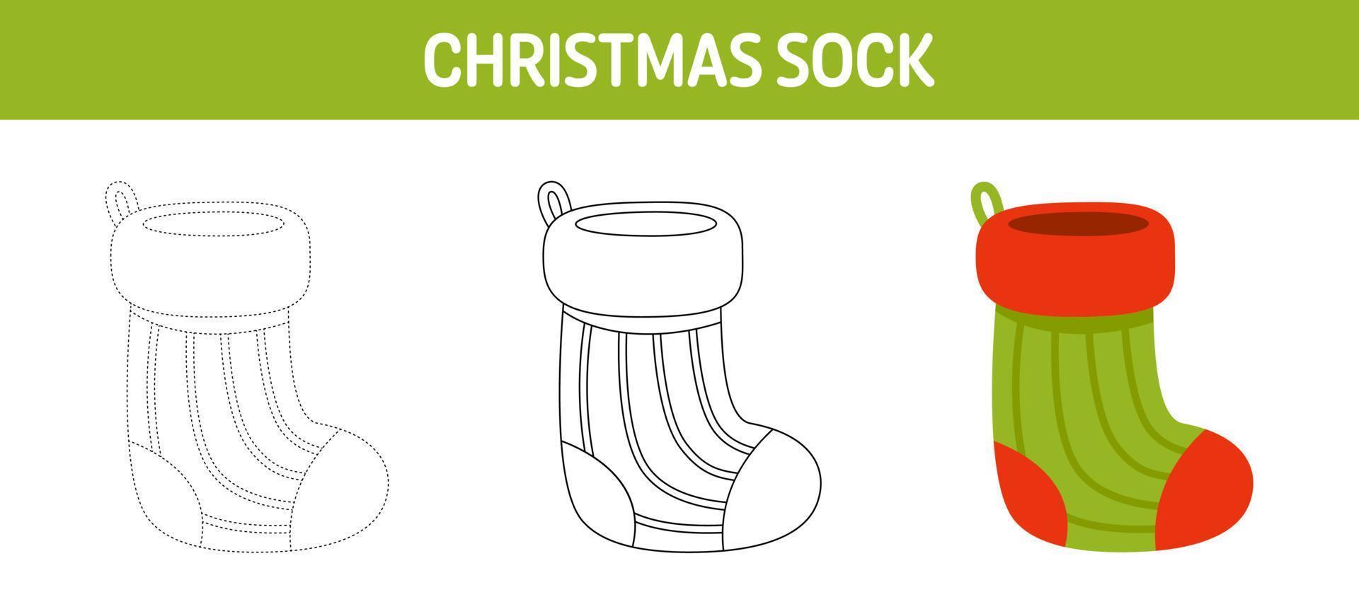 Christmas Sock tracing and coloring worksheet for kids vector