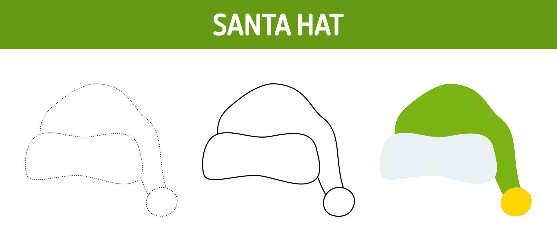 Santa Hat tracing and coloring worksheet for kids vector