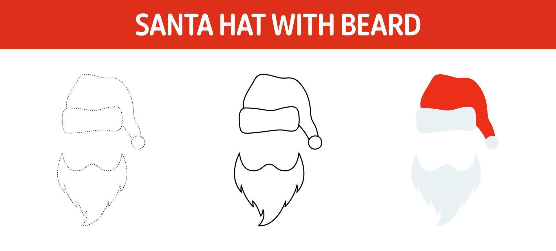 Santa Hat with Beard tracing and coloring worksheet for kids vector