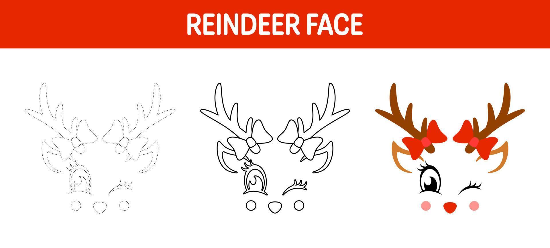 Reindeer Face tracing and coloring worksheet for kids vector