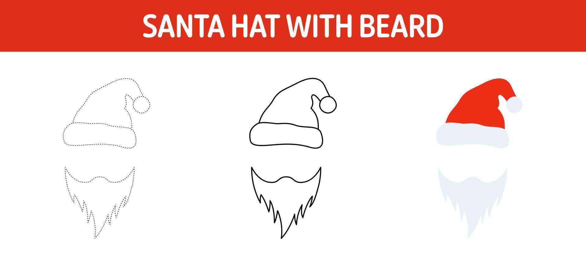 Santa Hat with Beard tracing and coloring worksheet for kids vector
