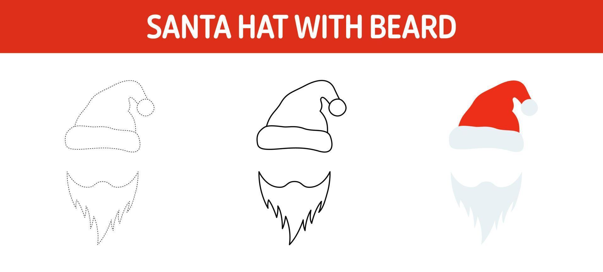 Santa Hat with Beard tracing and coloring worksheet for kids vector