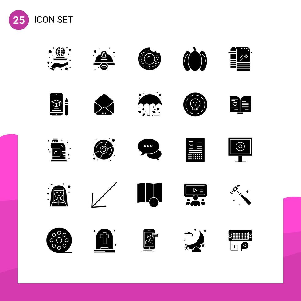 Set of 25 Commercial Solid Glyphs pack for dry vegetables safety peppers sweets Editable Vector Design Elements