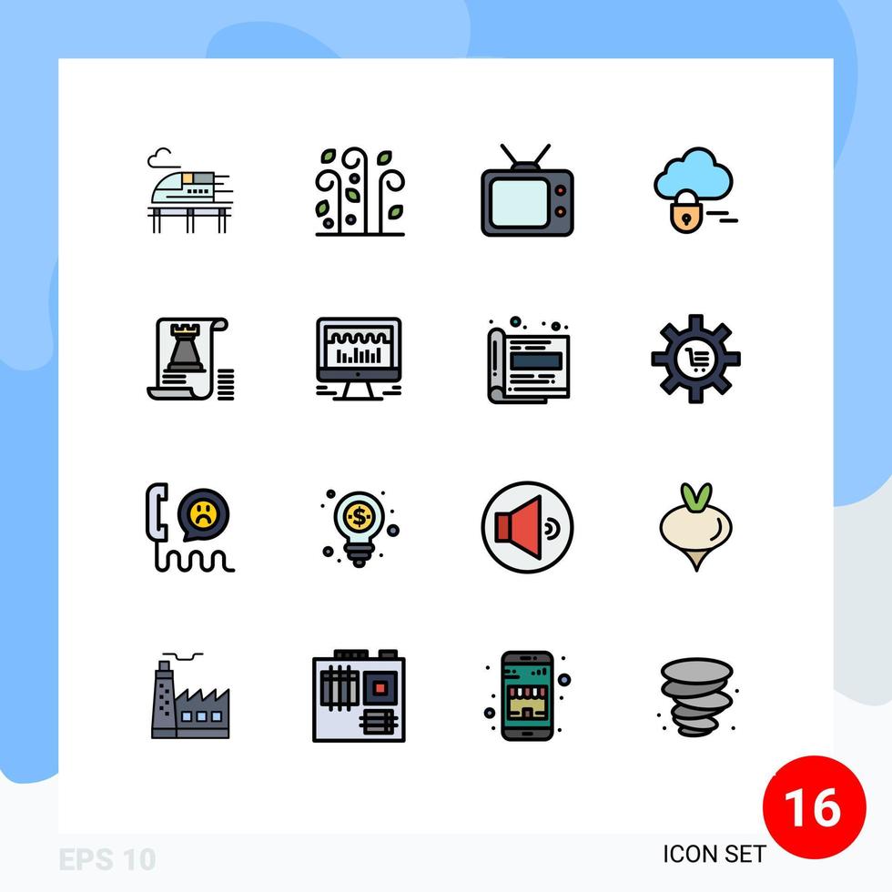 Group of 16 Flat Color Filled Lines Signs and Symbols for fort tower tv castle server Editable Creative Vector Design Elements