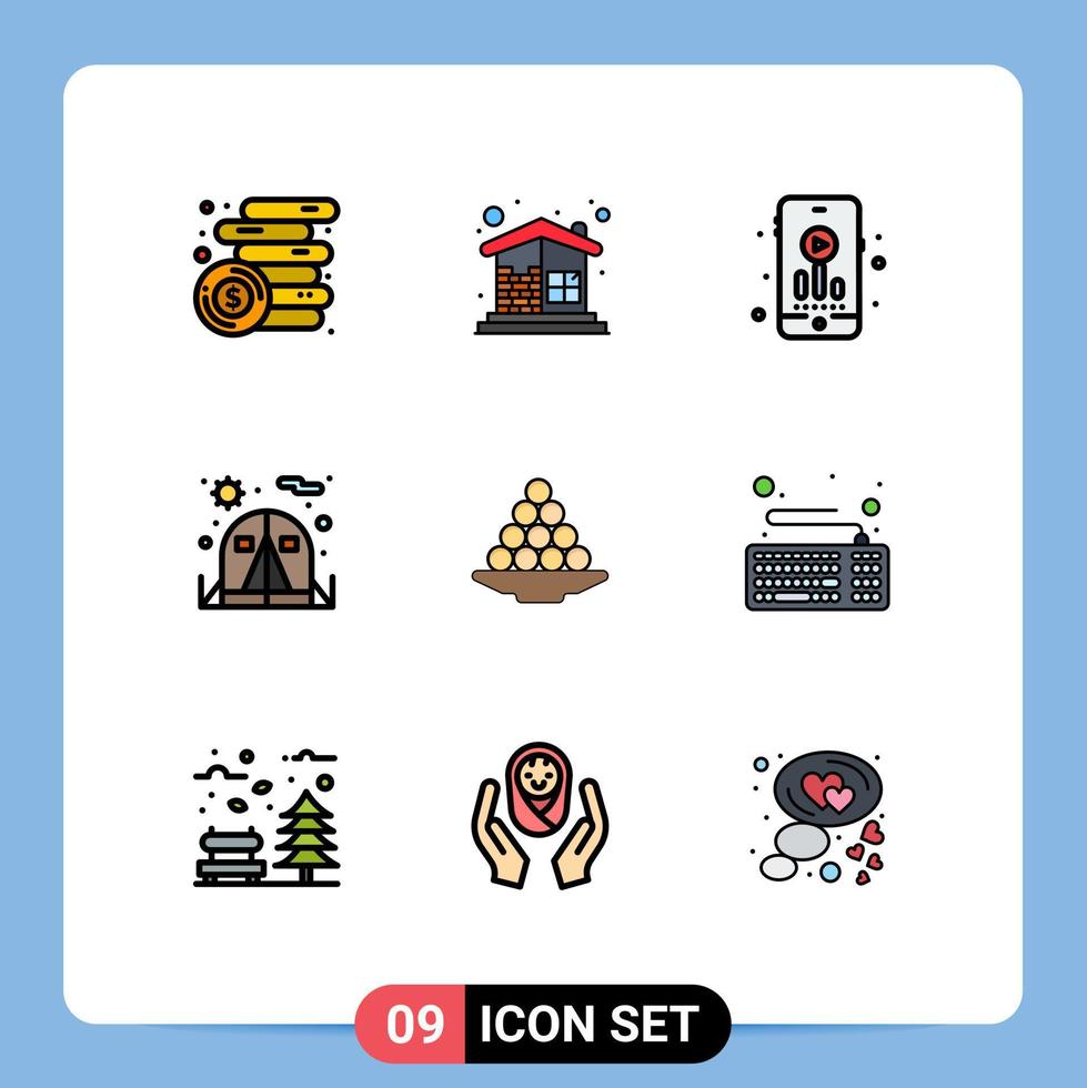Set of 9 Modern UI Icons Symbols Signs for dessert bowl wall tent camping Editable Vector Design Elements