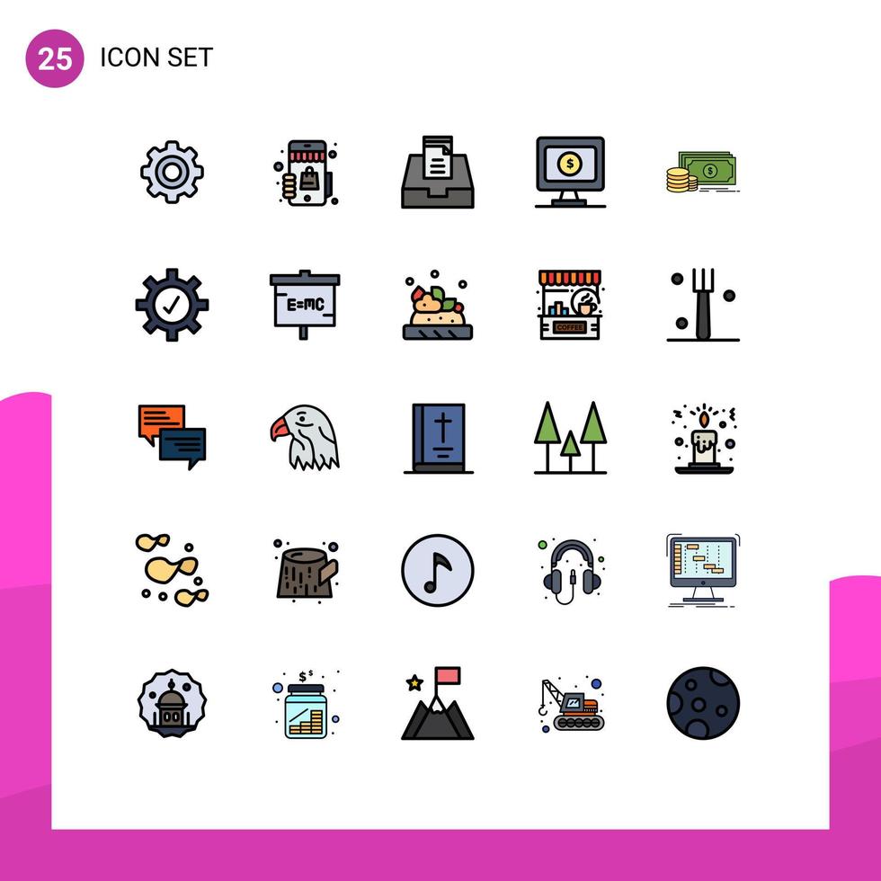 Filled line Flat Color Pack of 25 Universal Symbols of money investment inbox finance dollar Editable Vector Design Elements