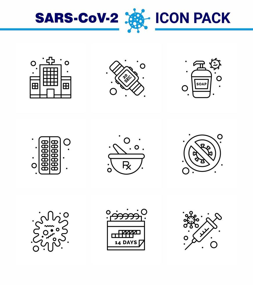 paquete de iconos de 9 líneas de la enfermedad del virus de la corona chupar como botella de píldora de hierbas antivirus médico coronavirus viral 2019nov elementos de diseño del vector de la enfermedad