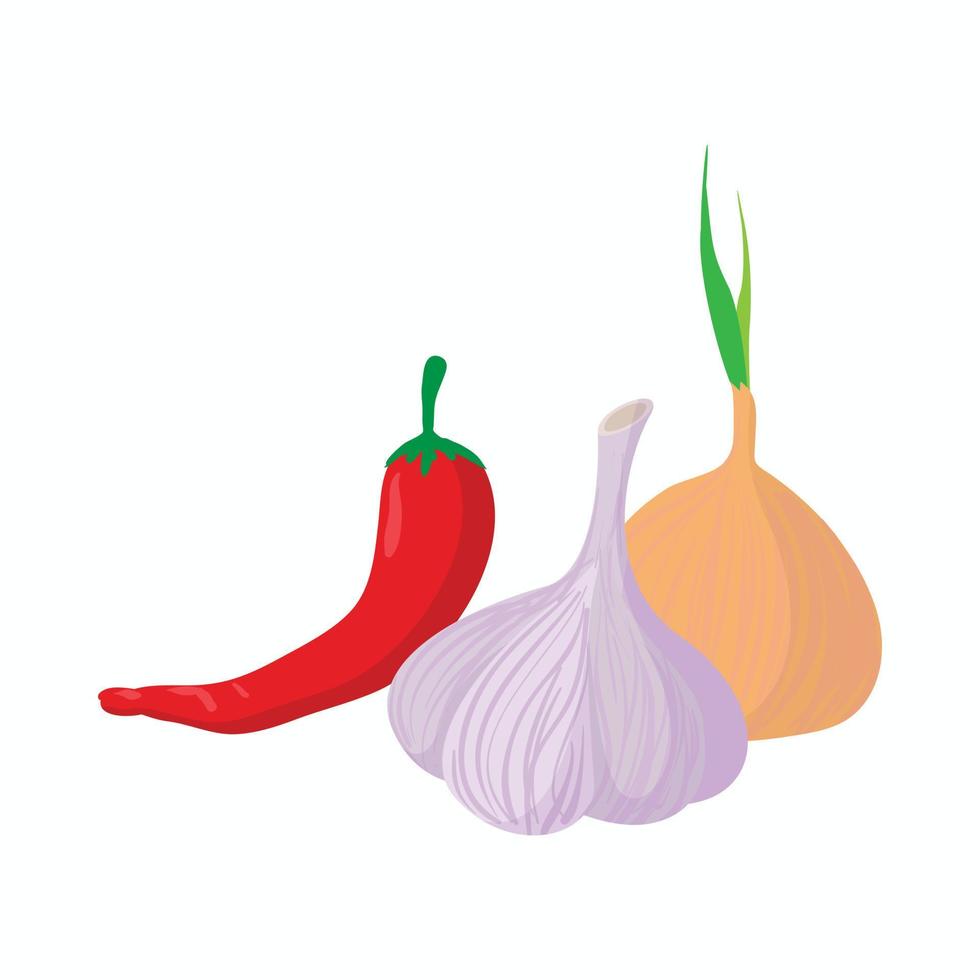 Chili pepper, garlic and onion icon, cartoon style vector