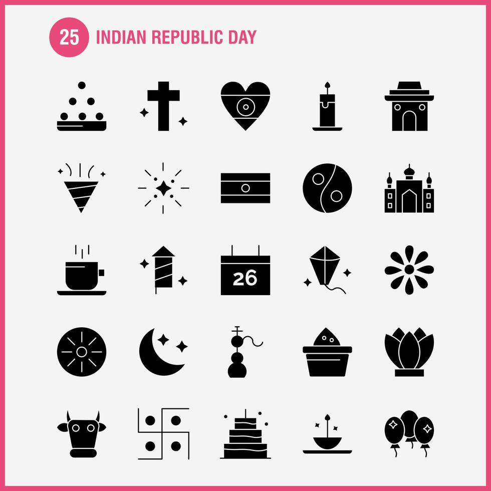 día de la república india paquete de iconos de glifos sólidos para diseñadores y desarrolladores iconos del festival de cometas volando india olla india día de comida vector