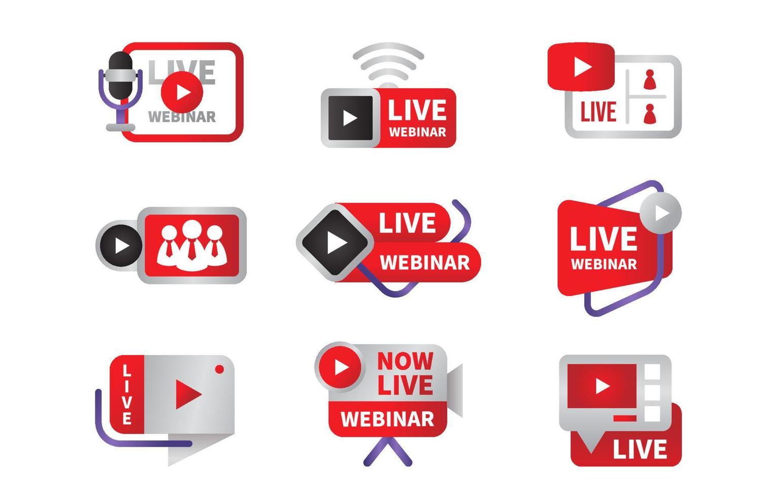 conjunto de icono de seminario web en vivo de youtube plano vector