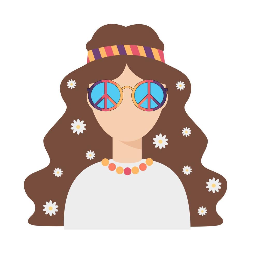 Hippie girl in Peace sunglasses with daisies in loose hair. vector